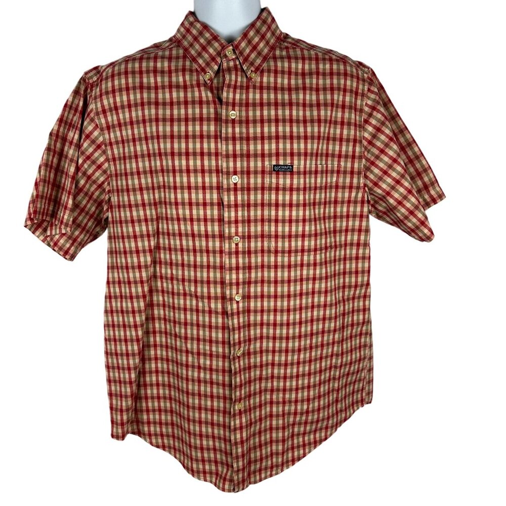 Chaps Ralph Lauren Mens Red & Beige Checkered Short Sleeve Shirt Size Medium